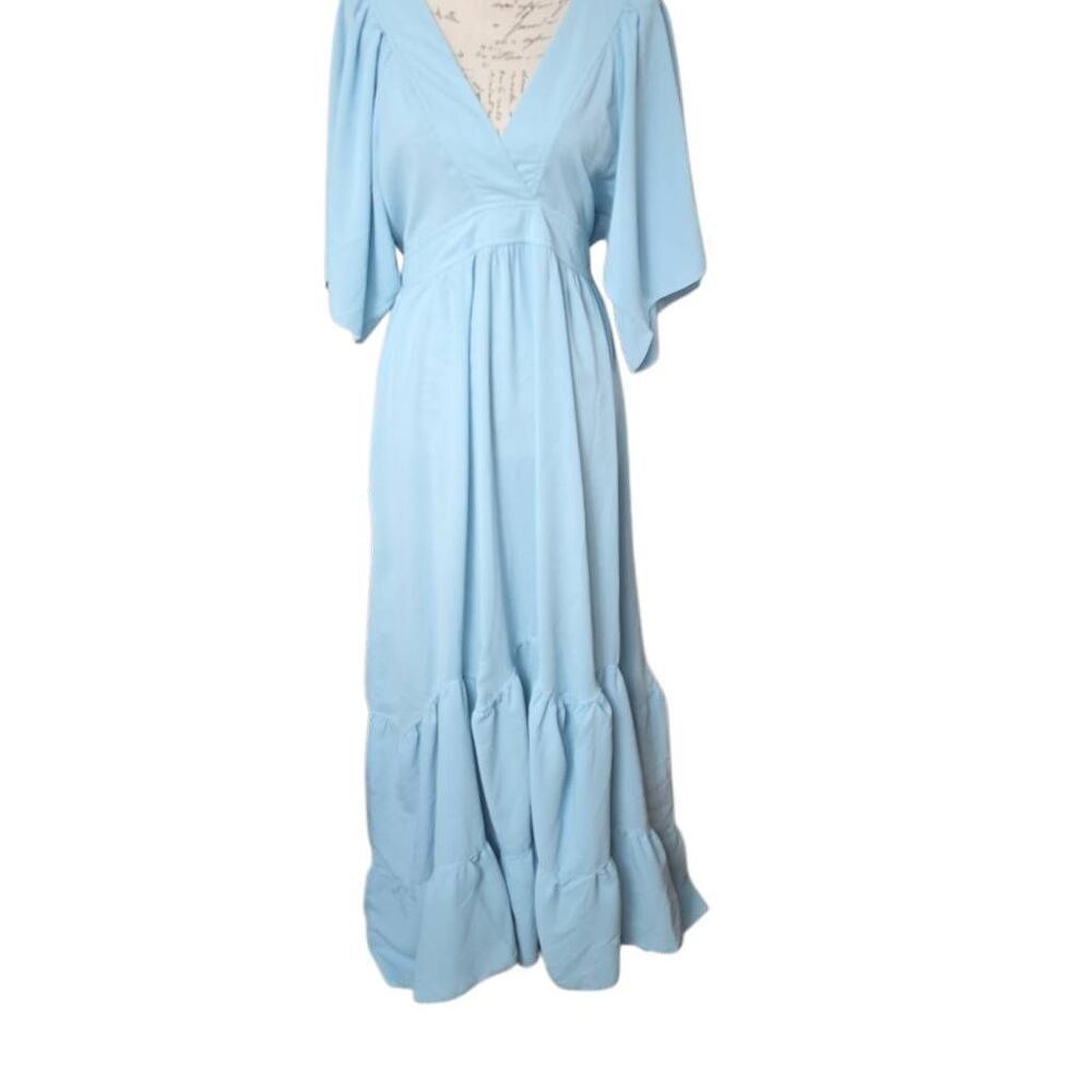 Women's Size XXL Blue V-neck Elbow Sleeve Long Maxi Ruffle Prairie Dress
